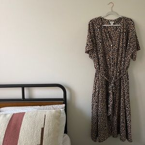 Ava & Viv button down, belted midi length leopard print dress.